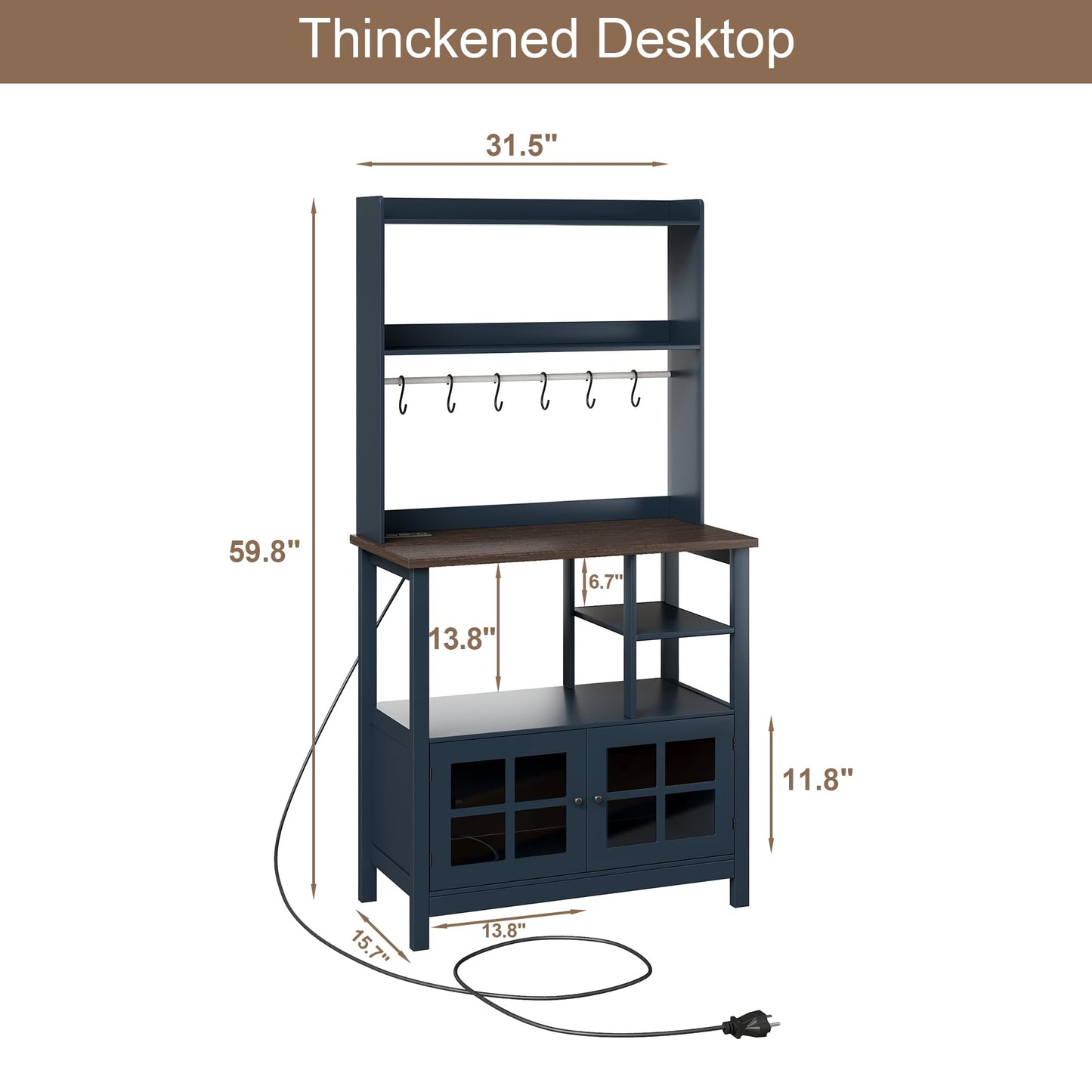 ChooChoo Farmhouse Coffee Bar Cabinet with Storage, Bakers Rack with Power Outlets, Microwave Stand Kitchen Cabinet with Hutch and 6 Hooks, Blue