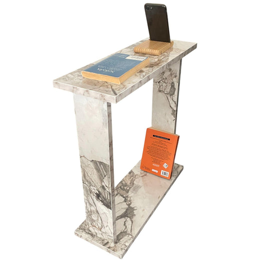 Very Narrow Side Table for Living Room, Small Apartment Space Between Chairs Skinny Table for Recliner, Couch, Armchair, Thin Slim End Table for Living Room, Bedroom, Beverages (White Marble)
