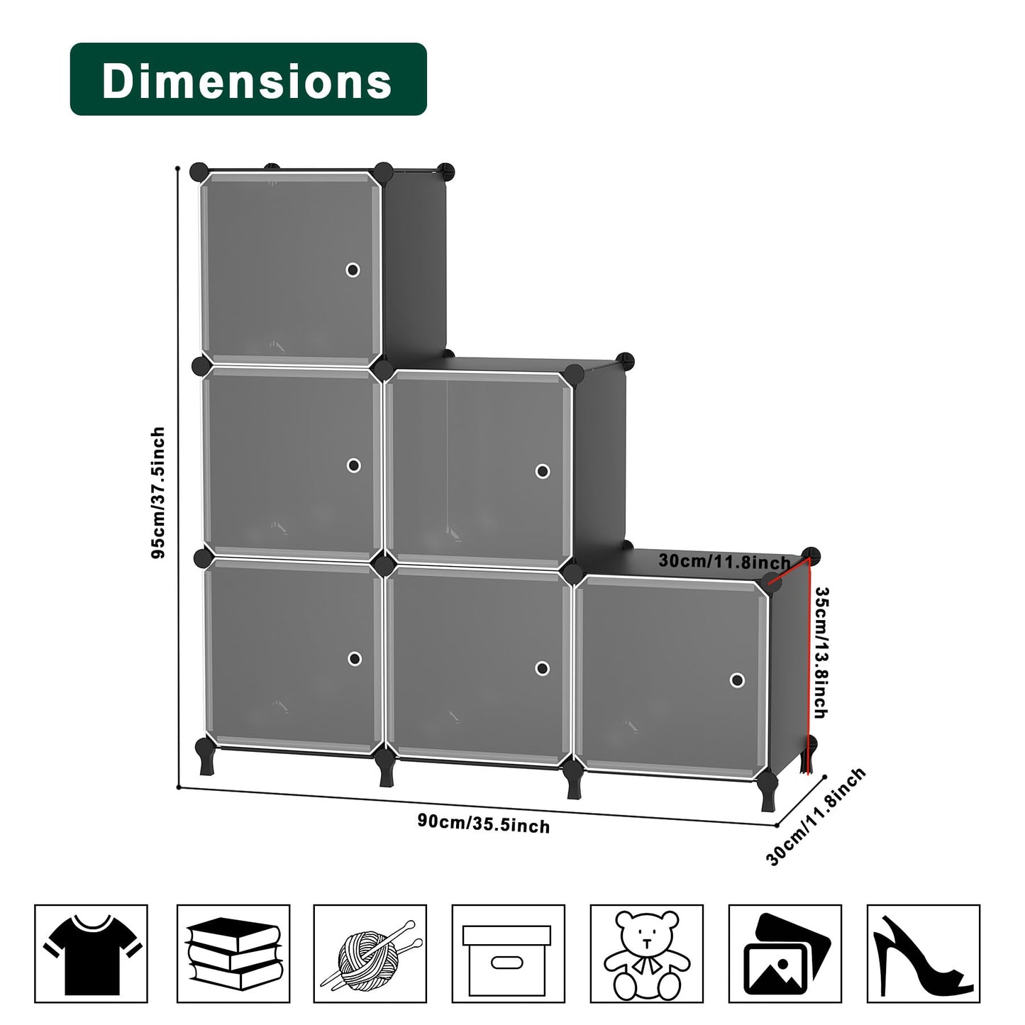 ATTDETJL Cube Storage Organizer, 6 Cube Shelves Unit with Doors,DIY Stackable Plastic Clothes Organizer for Bedroom and Under Stairs Storage Unit, 30 x 30 x 30 x 30 cm Grey ATTSL6004 (6, Black)
