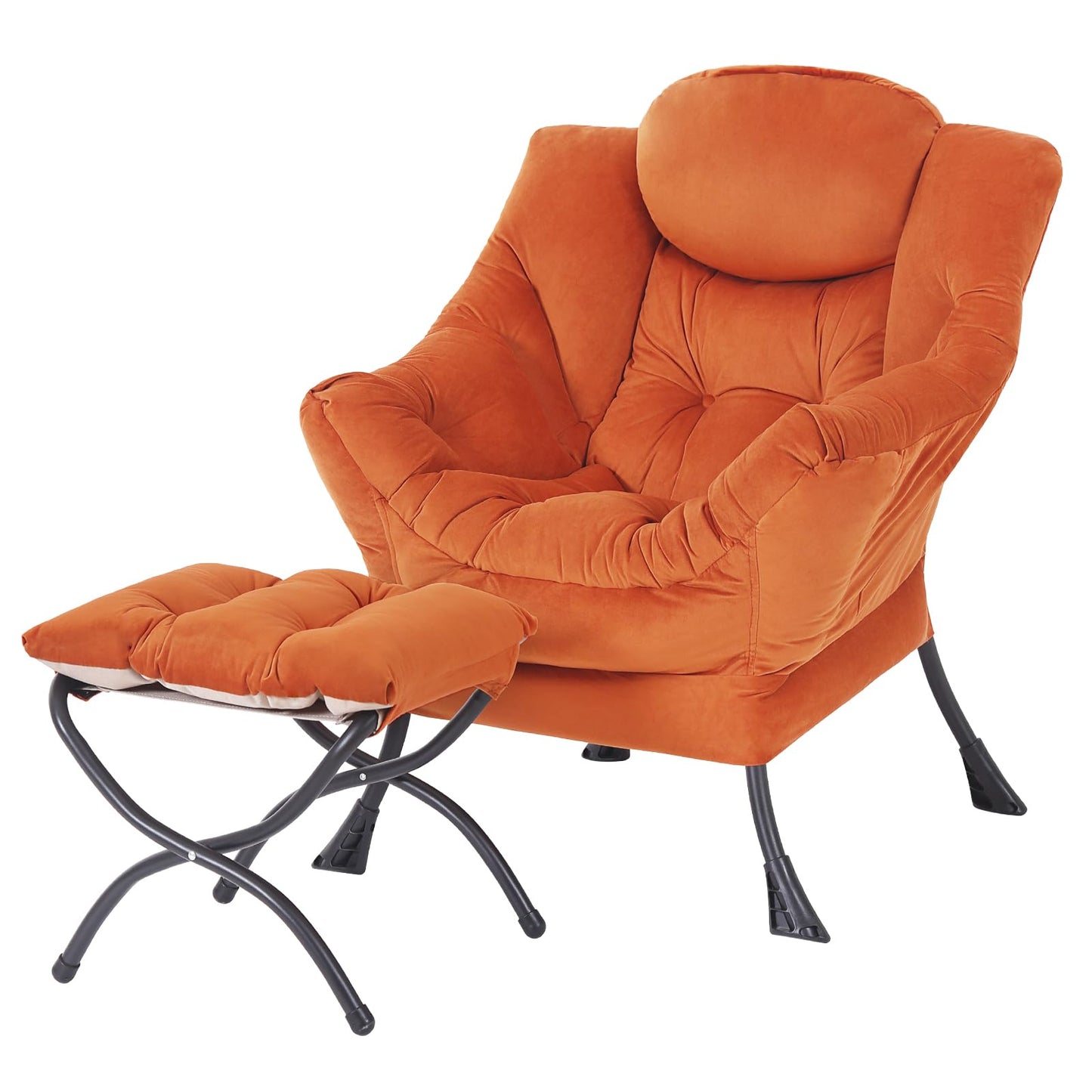 MBOOYOME Lazy Chair with Folding Ottoman, Modern Accent Armchair with Armrests, Side Pocket & Foldable Footstool, Reading Chair for Living Room, Bedroom, Dorm & Office, Velvet Orange