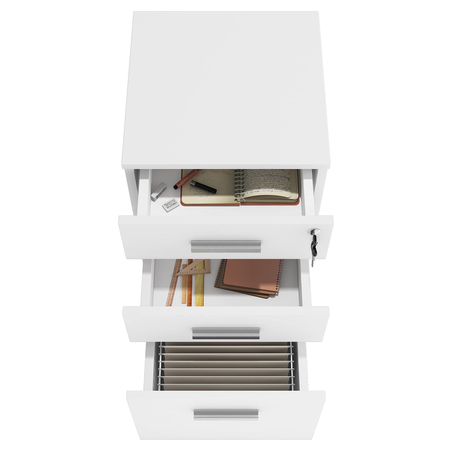 Modern Design Lazio White File Cabinet, Filing Cabinets for Home Office, Drawers for Under Desk, Locking 3 Drawer Rolling Wood File Cabinet with Lock, by Crafts and Comfort
