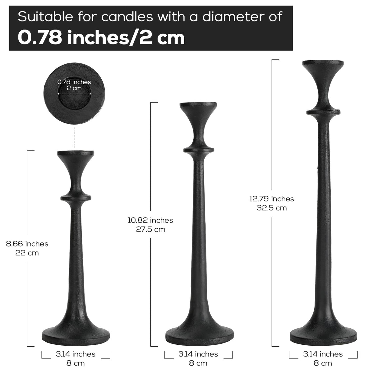 Black Taper Candle Holders Set of 3 Heavy Cast Iron Black Candlestick Holder for Table Centerpiece Modern Decorative Tapered Candle Stand Tall Set for Home Decor Fireplace Wedding Halloween Christmas