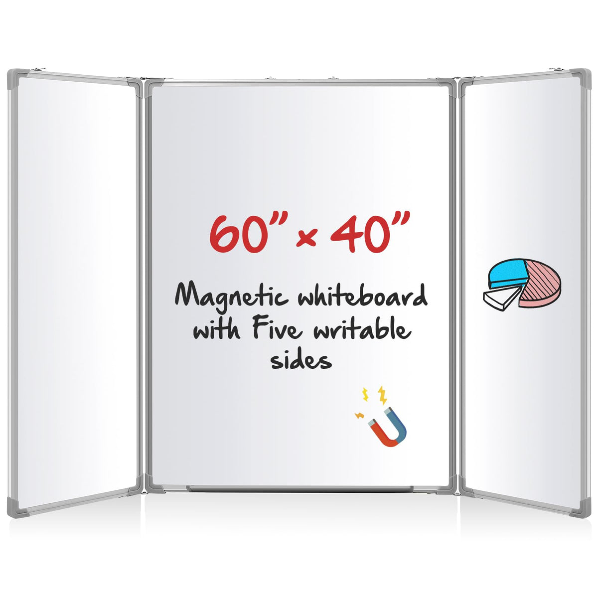 AmazingSpark 60” x 40” Foldable Whiteboard Dry Erase Board Large Tri Folding Whiteboard Magnetic Dry Erase Board, Wall Aluminium Frame and Flip Out Pen Tray for Office, Home