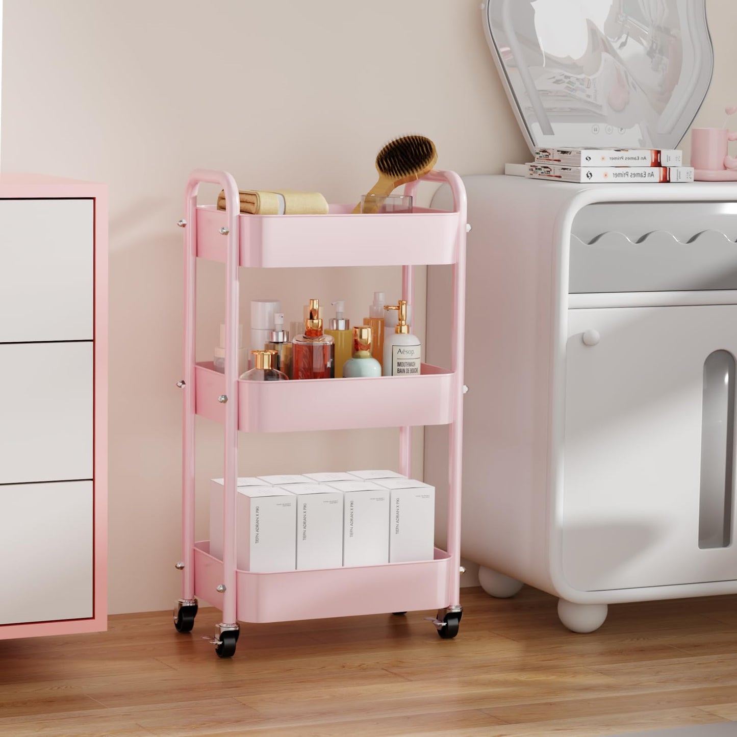 3 Tier Rolling Cart with Table top, Metal Rolling Utility Cart, Sturdy Storage Organizer Cart with Locking Wheels & Hooks for Office, Classroom, Kitchen and Bathroom，Pink