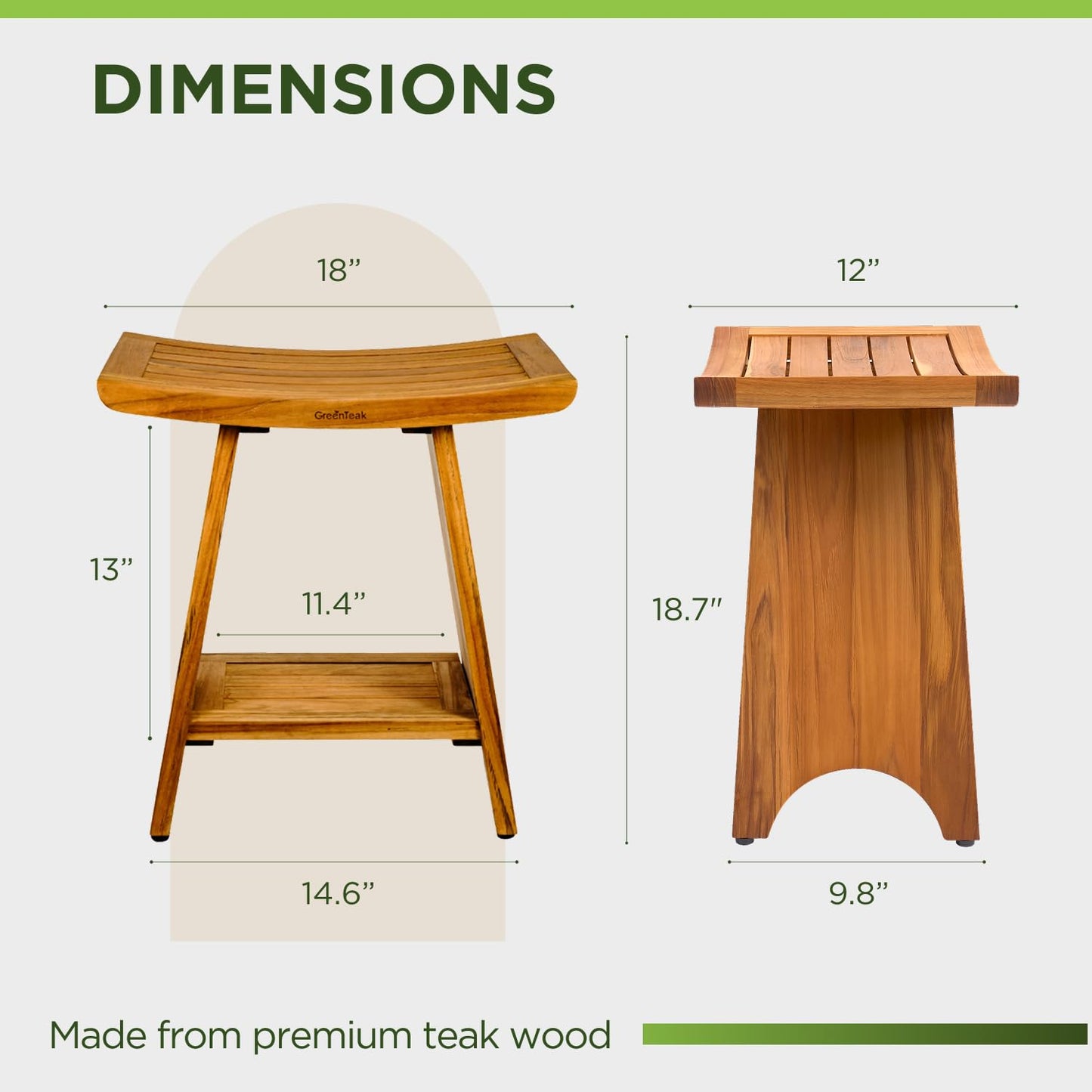 GREENTEAK Premium 18" Teak Wood Shower Bench with Shelf, 2-Tier Waterproof Teak Shower Stool, Non-Slip Feet for Enhanced Safety, Spa Bath Seat for Bathroom, Indoor & Outdoor, 300 lb Capacity (Curved)
