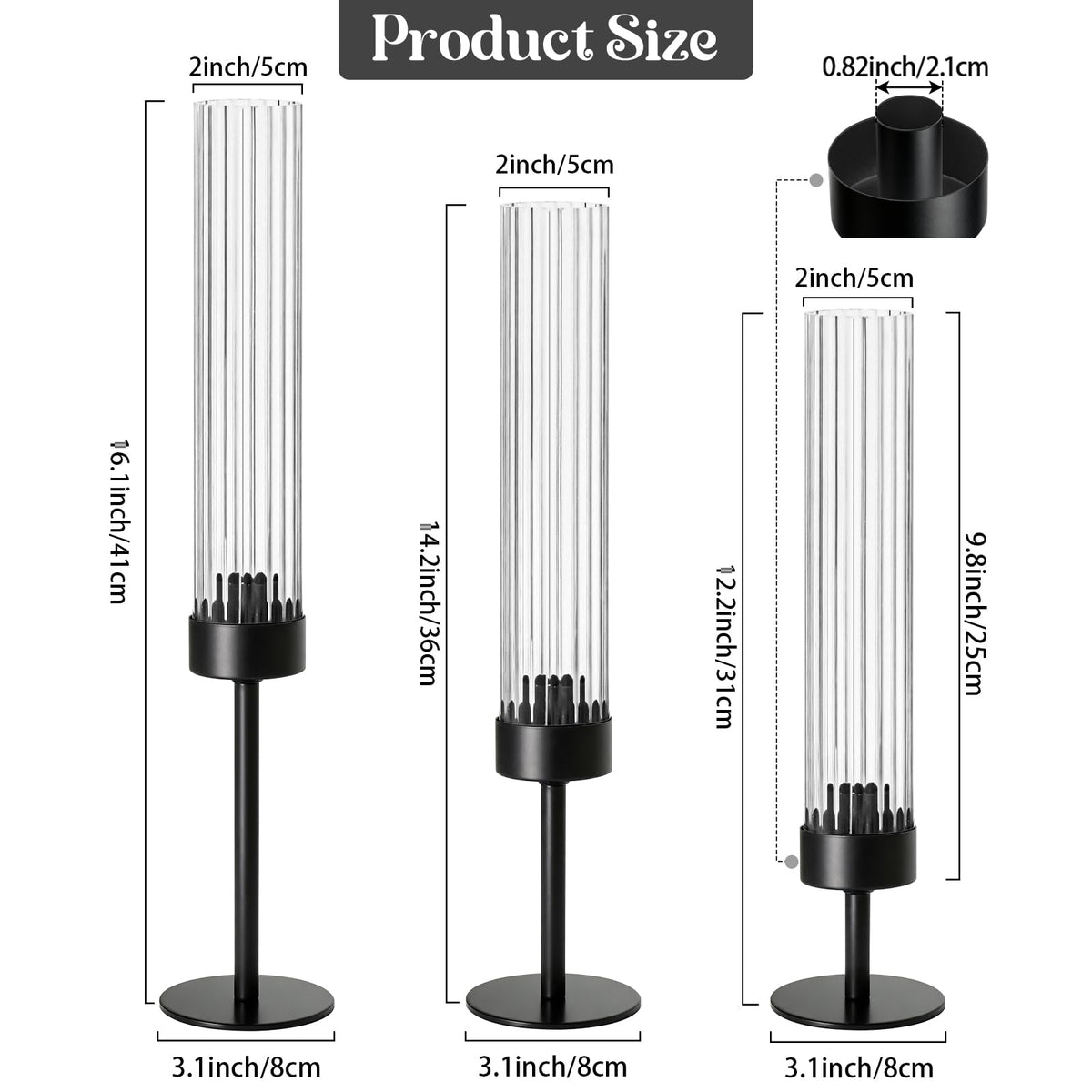Metal & Acrylic Taper Candle Holders Set of 3 with Ribbed Design - Hurricane Clear Cylinder Candelabra for Wedding, Christmas, Party, Dining Table Centerpiece Decor (Black, Set of 3)