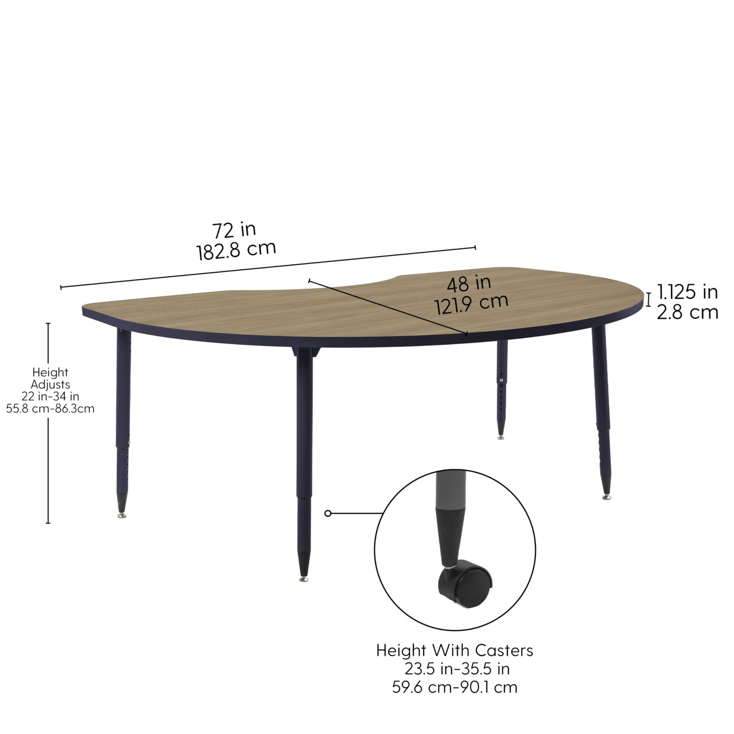 Adapte Commercial Classroom Activity Table - 48" x 72" Kidney, ADA Compliant Tapered Legs with Glides & Casters, Adjustable Height 22-34" Wheelchair Accessible, School & Office Furniture