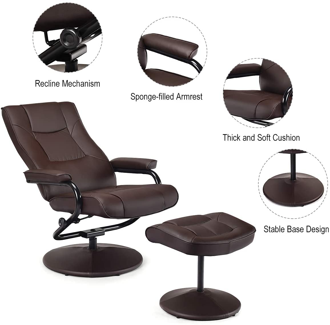 WATERJOY Swivel Recliner Chair, PU Leather Lounge Armchair Recliner, 360 Degree Swivel Overstuffed Padded Seat Chair with Footrest Stool Ottoman Set for Office Living Room Brown