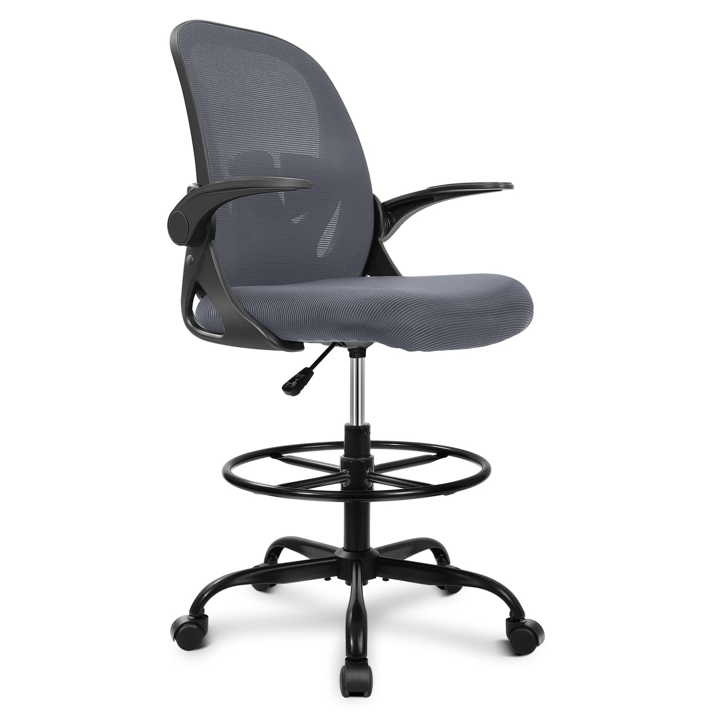 Primy Drafting Chair Tall Office Chair with Flip-up Armrests Executive Ergonomic Computer Standing Desk Chair with Lumbar Support and Adjustable Footrest Ring（Dark Gray）