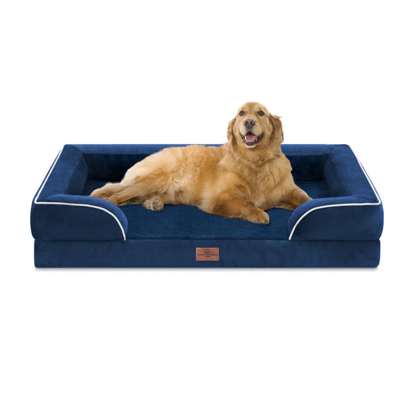 Comfort Expression Orthopedic Dog Bed for Extra Large Dogs 42x30 Inch, Waterproof Egg Crate Foam XL Pet Bed with Removable Bolsters, Dog Couch with Washable Cover & Non-Slip Bottom, Navy Blue