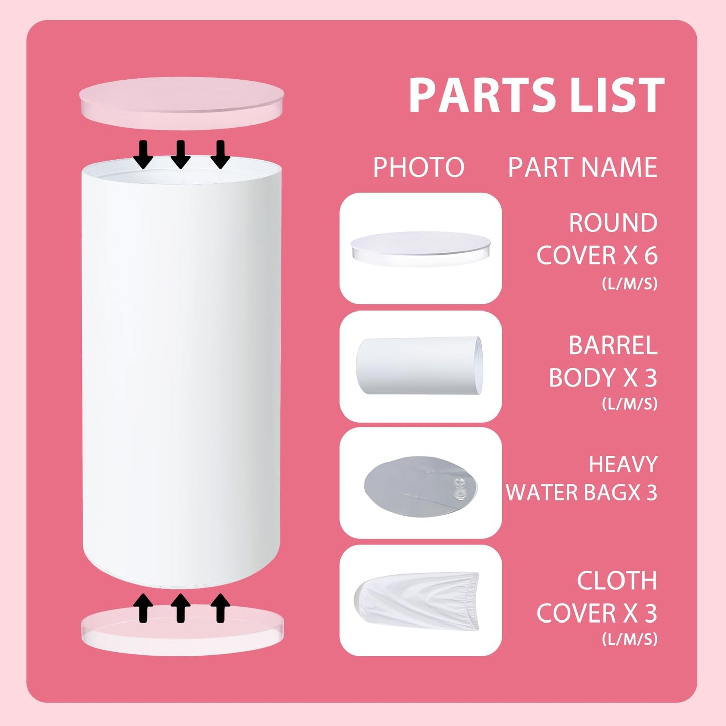 Gladeup 3 Pcs White PVC Cake Stand, Cylinder Pedestal Stands, Cylinder Stands for Party, with Weighted Water Bag & Spandex Cloth Cover for Wedding, Birthday Decor, 34.06''(L), 29.13''(M), 23.82''(S)