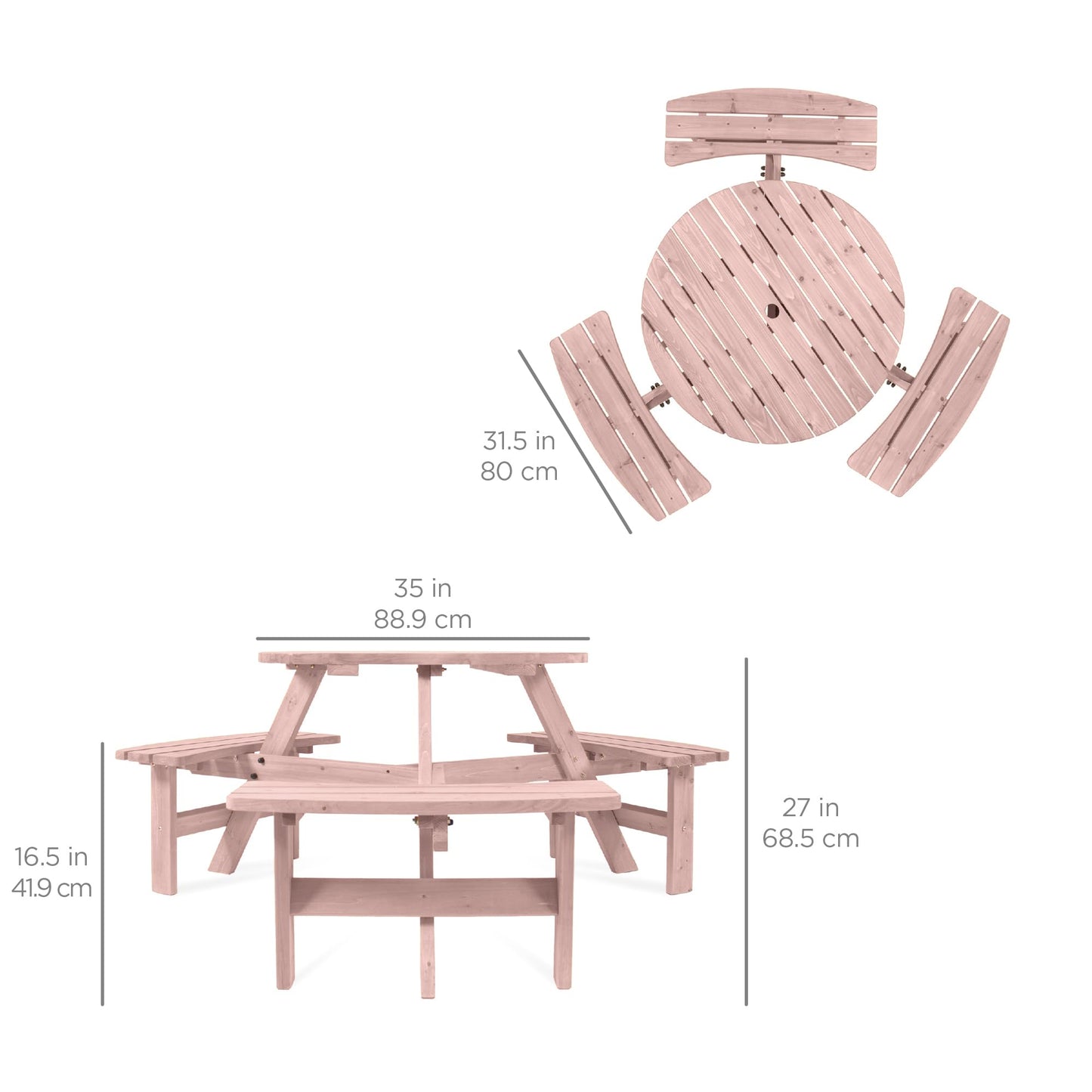 Best Choice Products 6-Person Circular Outdoor Wooden Picnic Table for Patio, Backyard, Garden, DIY w/ 3 Built-in Benches, 500lb Capacity - Rose Quartz
