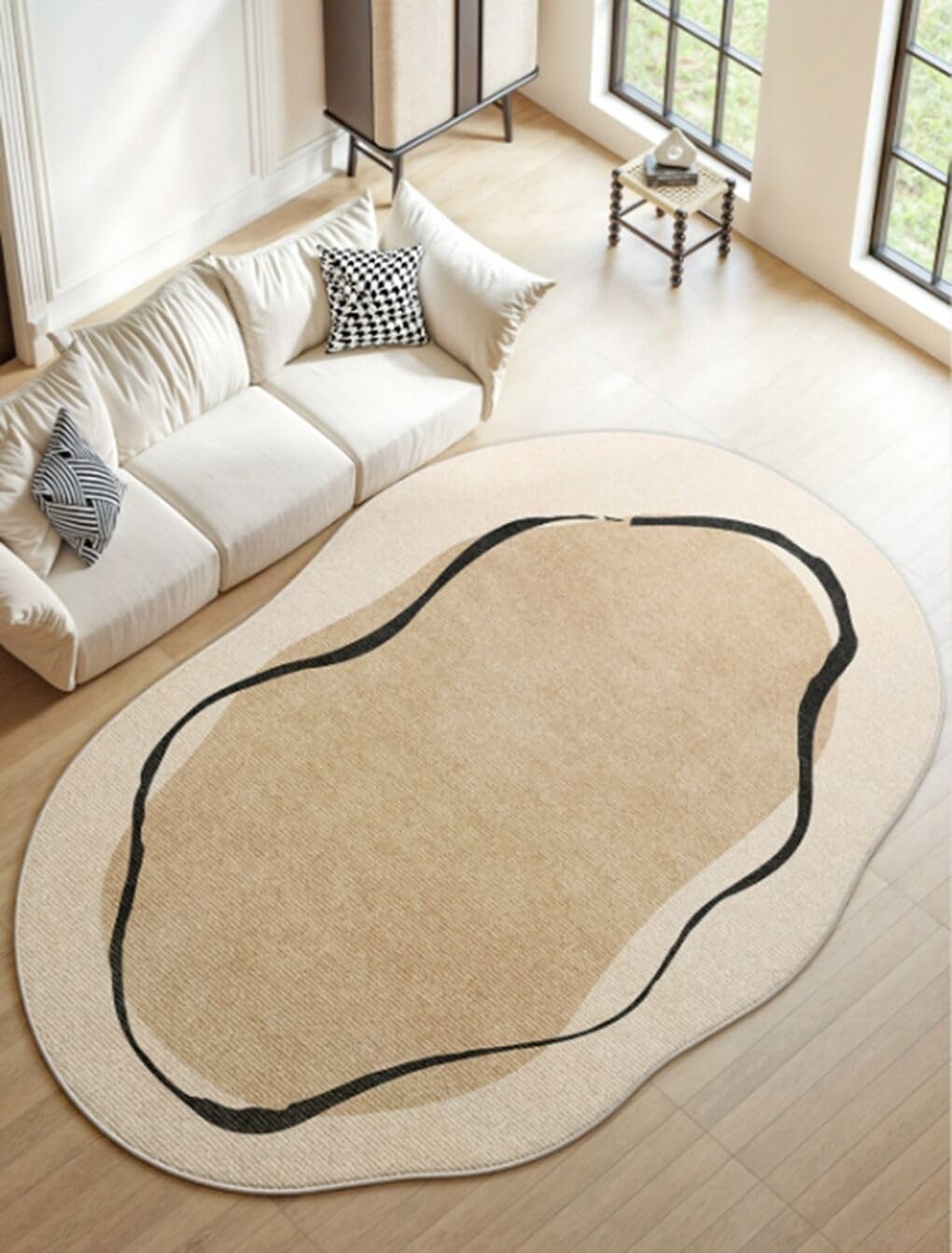 Beige Brown Irregular Shape Rug 5x8 Modern Abstract Black Striped Irregular Rug for Bedroom Diningroom Living Room Washable Odd Shaped Rugs Minimalist Aesthetics Home Office Guestroom Indoor Carpet