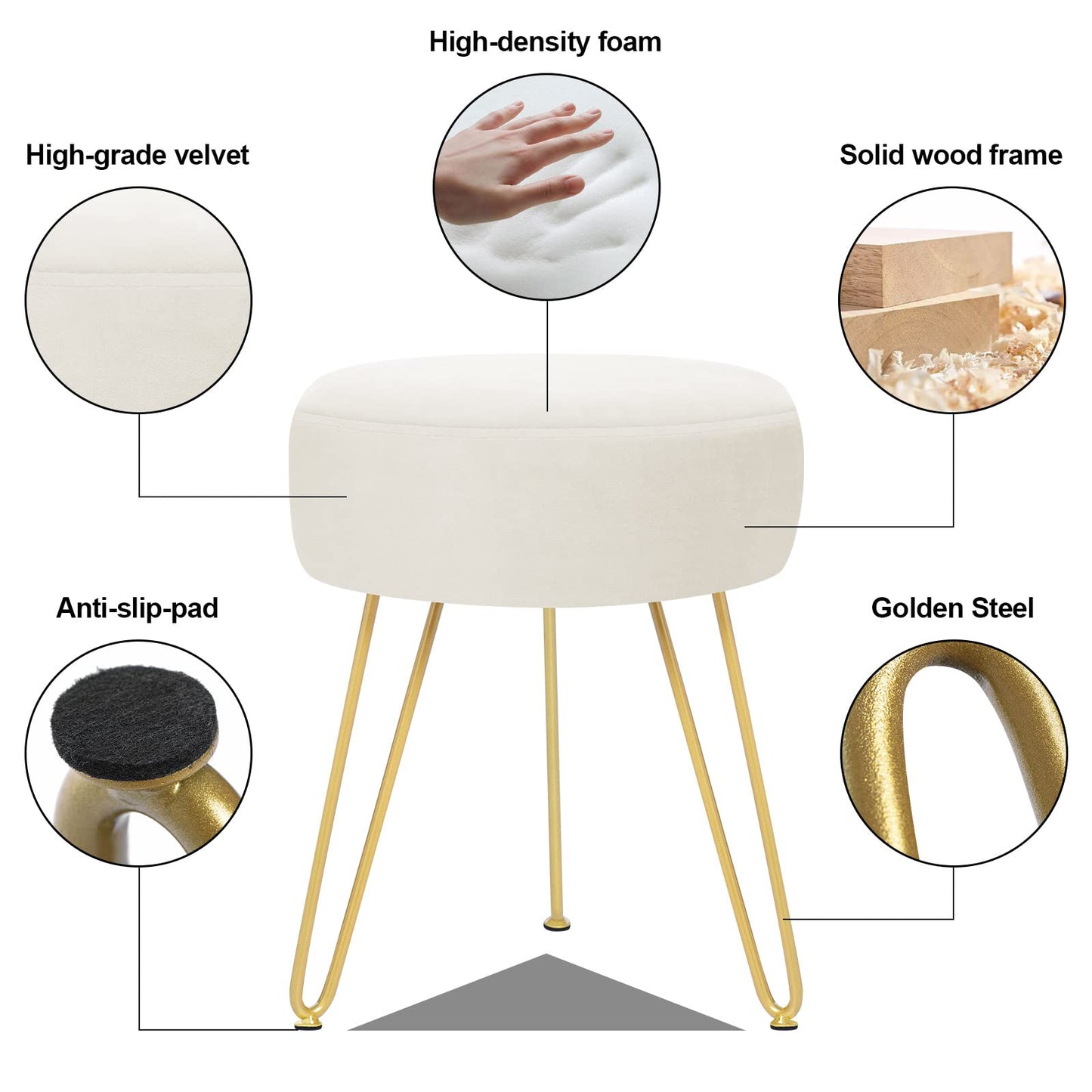 YOONIC Velvet Soft Modern Vanity Footstool -Round Footrest Stool Ottoman Side Table Seat Dressing with Golden Metal Leg and Sponge Filling,Upholstered Foot Rest,Living Room and Bedroom （Beige）