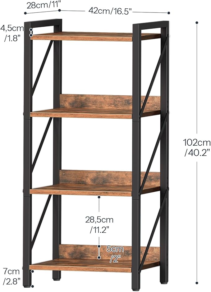 HOOBRO Bookshelf, 4-Tier Industrial Bookcase, Book Shelf Storage Organizer