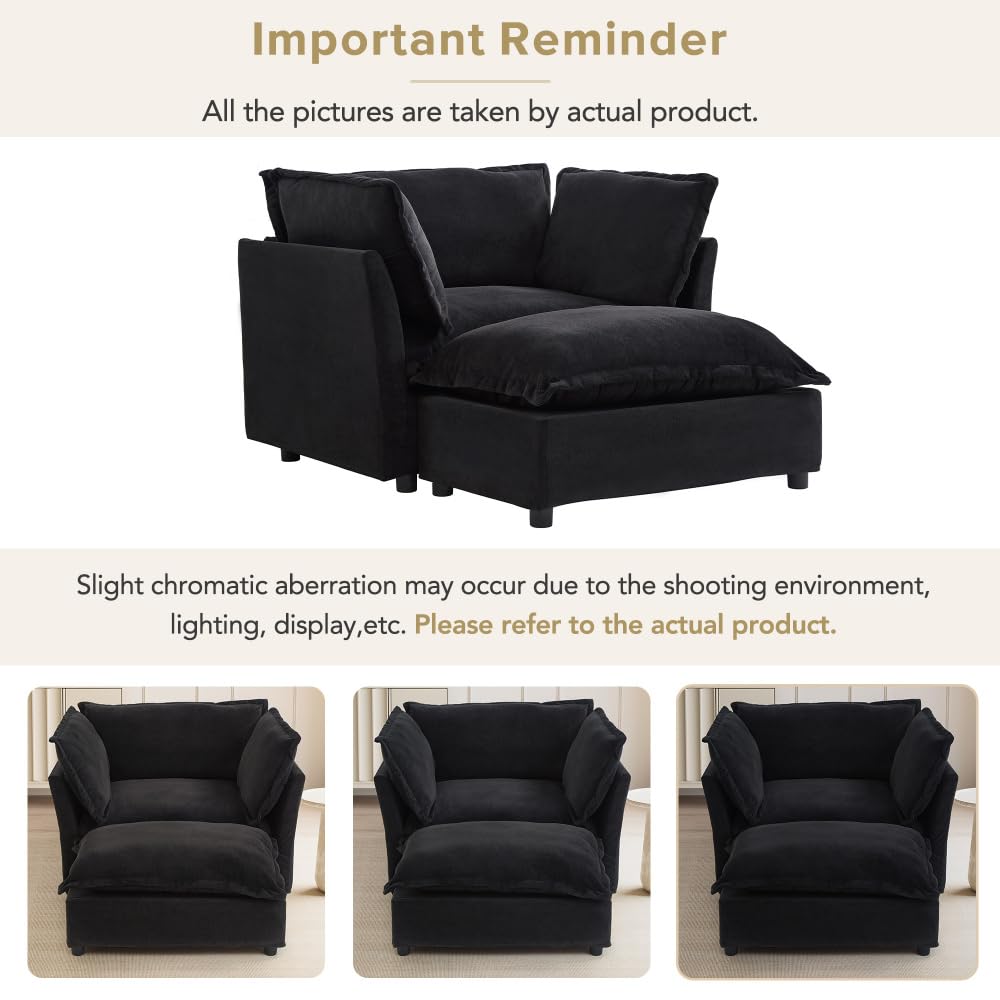 Asmeten Modern Armchair Sofa 47" Cozy Upholstered Sofa Chair with Movable Ottoman, Wide Seat, Curved Armrests and Soft Pillows for Living Room, Bedroom,Green (Black + Chenille + Foam + 2 Seat)
