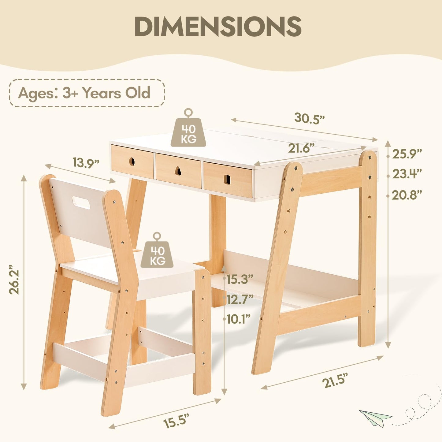 Giant bean Kids Wooden Table and Chair Set, Study Desk and Chair Set with Storage Drawer, White Learning Table with Cabinets for Boys and Girls Ages 3-12 Years,Suitable for Classroom,Home,Playroom