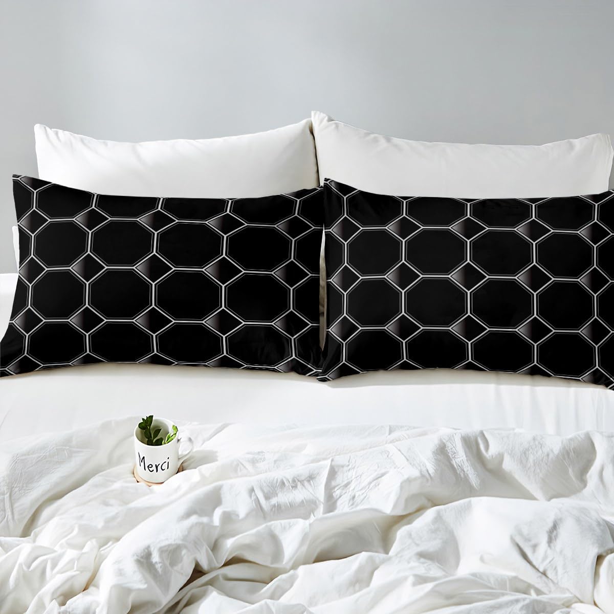 Erosebridal Honeycomb Bed Sheets Set Queen Size Geometric Hexagonal Beehive Sheet Set for Boys,3D Stereoscopic Grey Hexagon Sheets,Neon Simplistic Geometrical Black Room Decor