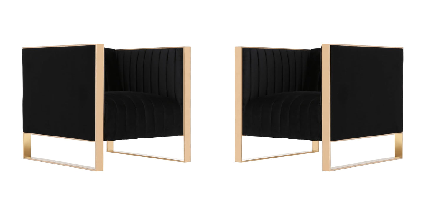 Manhattan Comfort Trillium Velvet Accent Chairs Set of 2, Luxury Mid-Century Modern Armchair with Gold Stainless Steel Frame, No Assembly Required, Ideal for Living Room, Black
