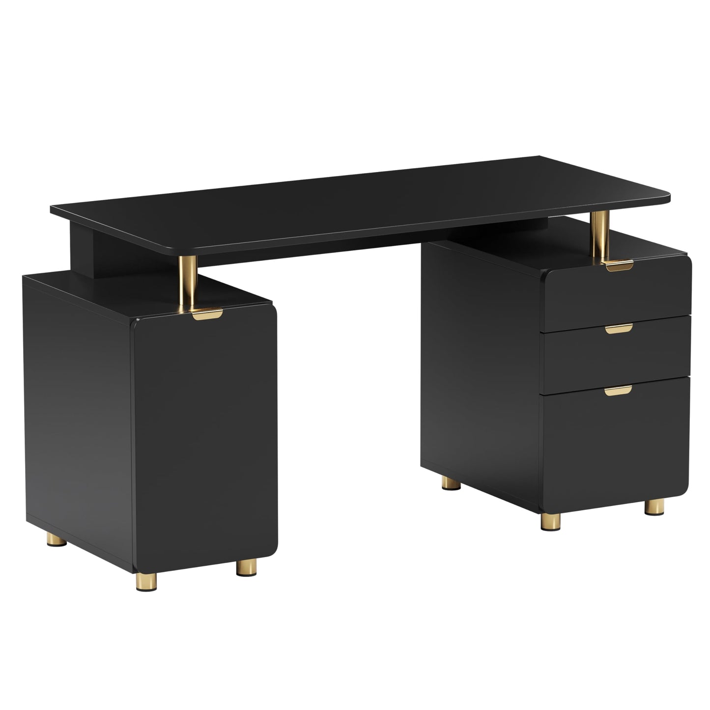 Elegant 57" W Executive Desk with 3 Drawers and Storage Cabinet, Modern Office Desk with Gold Accents, Floating Work Surface, Closed Storage with Ventilation & Adjustable Shelf (Black,Gold)