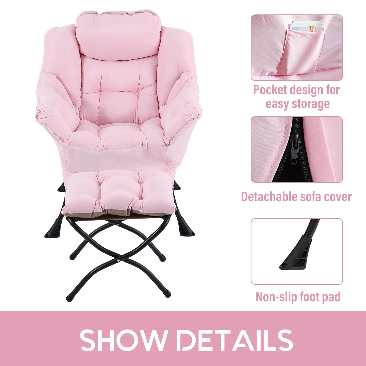 LITA Lazy Chair with Ottoman, Modern Accent Leisure Upholstered Sofa, Contemporary Lounge Reading Chair with Armrests and a Side Pocket for Living Room, Bedroom & Small Space, Pink