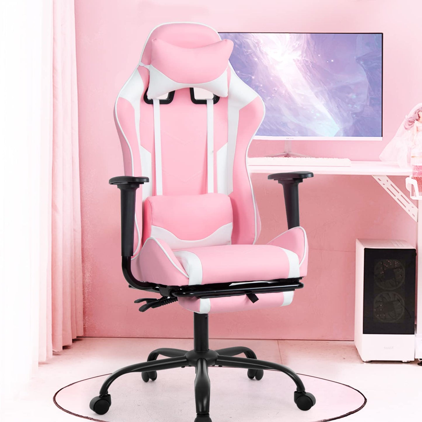 BestOffice | Ergonomic Gaming Chair | Pink | Reclining Computer Chair with Lumbar Support, Headrest Pillow, Adjustable Footrests | 360 Swivel with Heavy Duty Wheels | for Home & Office