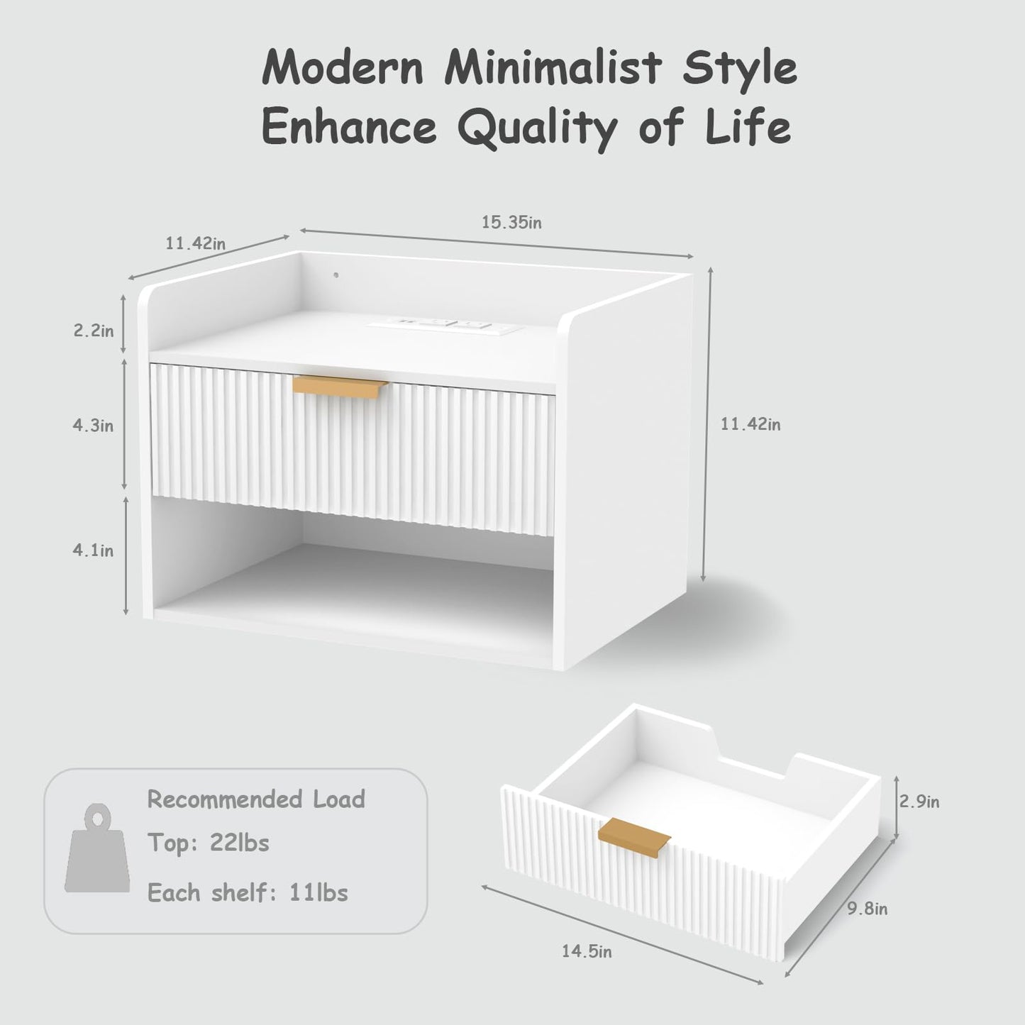 Arbuxzuy Floating Nightstand Set of 2 with Charging Station, Modern Wall Mounted Bedside Table with Drawer & Open Shelf, Minimalist Wooden Night Stand for Bedroom (White)