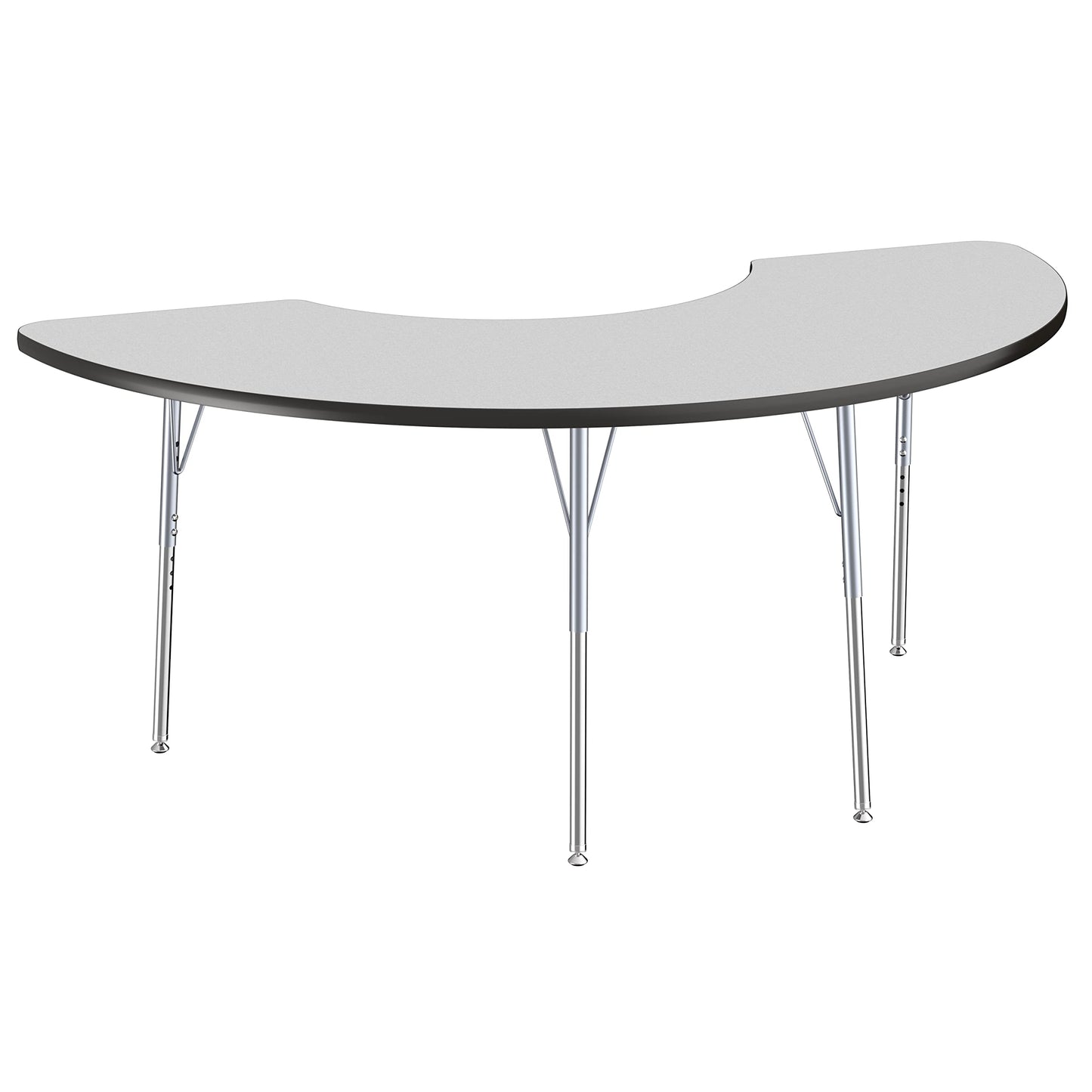 FDP Half Moon Activity School and Office Table (36 x 72 inch), Standard Legs with Swivel Glides, Adjustable Height 19-30 inches - Gray Top, Black Edge, Silver Legs
