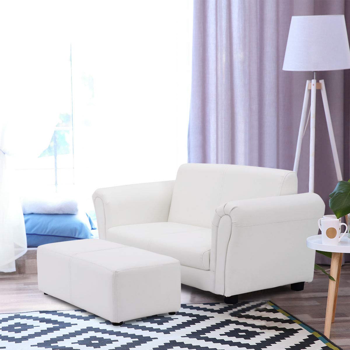 Costzon Kids Couch with Footstool, 2 in 1 Double Seat Children's Sofa w/PU Leather Surface, Armrest Chair Lounge, Soft Sofa for Preschool Bedroom Kids Room Toddlers Boys Girls Birthday (White)