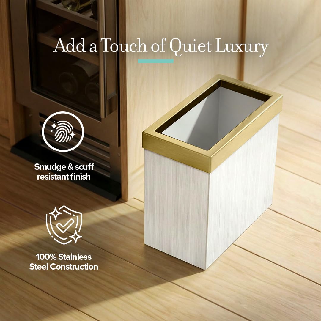 Gatco Modern Rectangle Wastebasket, White Oak/Brushed Brass Lid - Stainless Steel Trash Can with Removable Lid, Leakproof, 3 Gallon Capacity for Bathroom, Bedroom, Kitchen, or Office