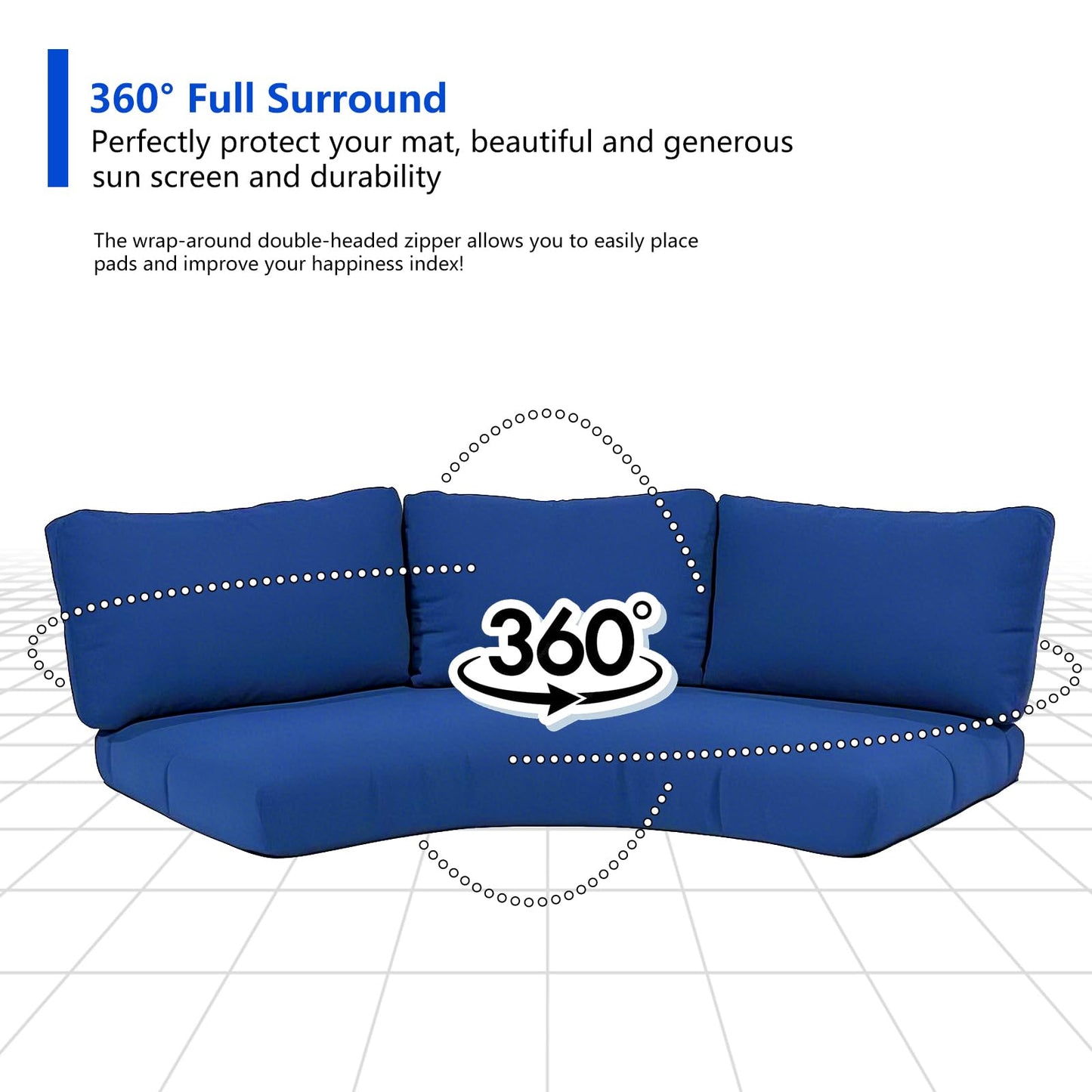 MFPMTUXO Outdoor Curved Sofa Cushion Cover with Zipper & Anti-Slip Particles, Half Moon Patio Furniture Cushions Covers Waterproof, Olefin Fabric-ONLY Cover (Navy Blue, 77/40 * 28 * 5.3inch)
