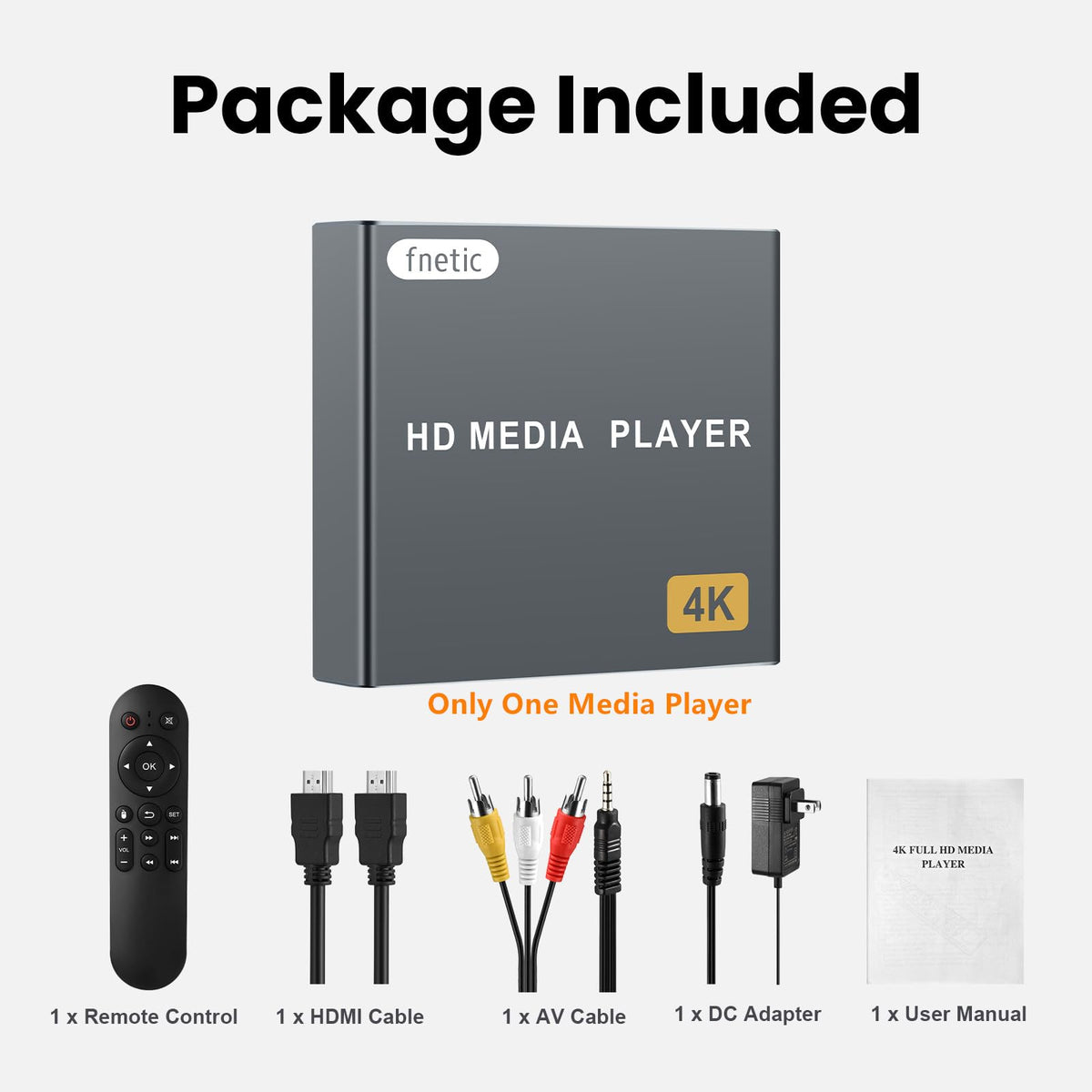 fnetic 4K Digital Media Player, TV MP4 Video Player with HDMI/AV Output, Digital Signage Mini HD Media Players for USB Drives/SD Cards, H.265/HEVC, Looping, Auto Playback, Grey