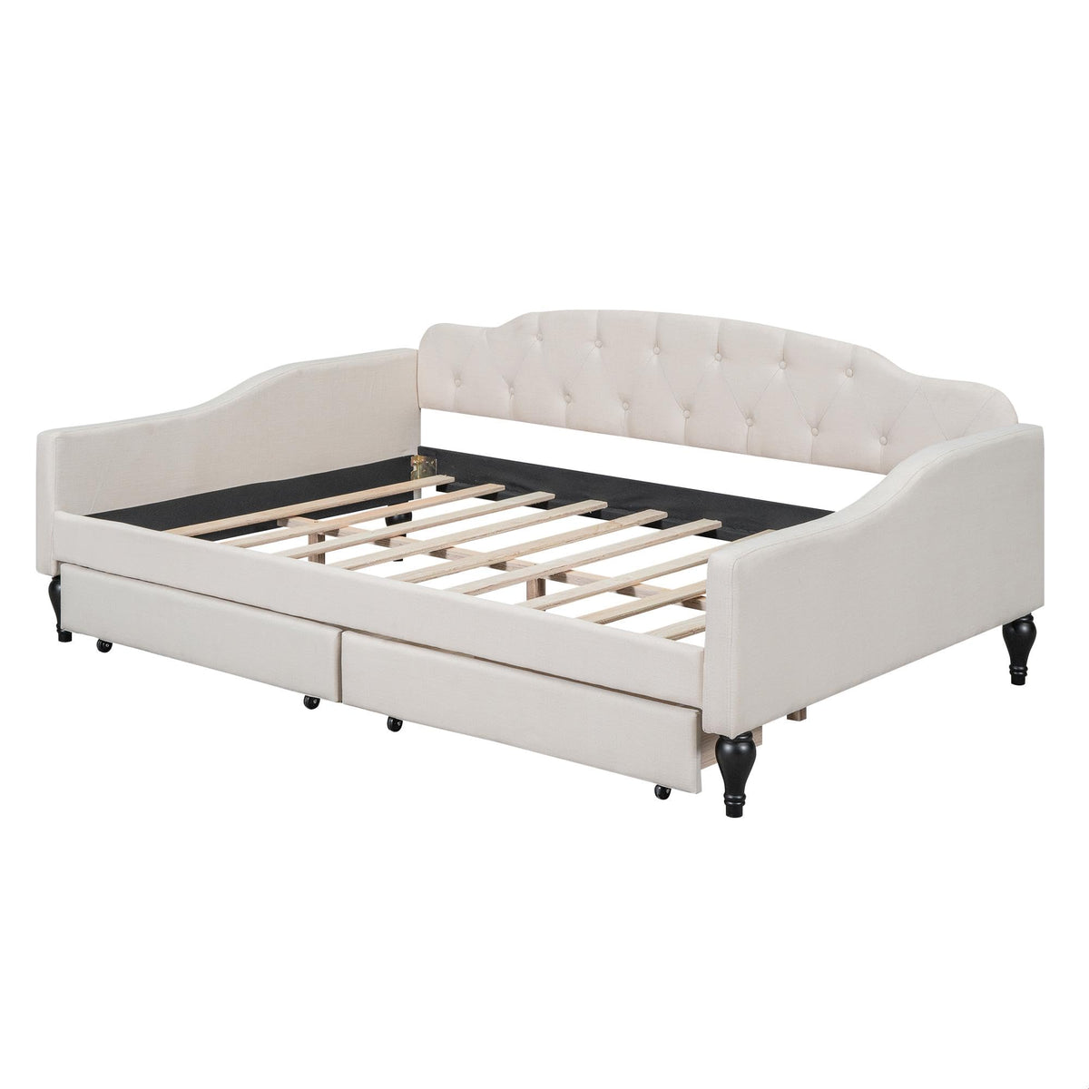GDFStudio Full Size Upholstered Tufted Daybed with Two Storage Drawers – Linen Fabric, Solid Wood Frame, Space-Saving Design, Beige