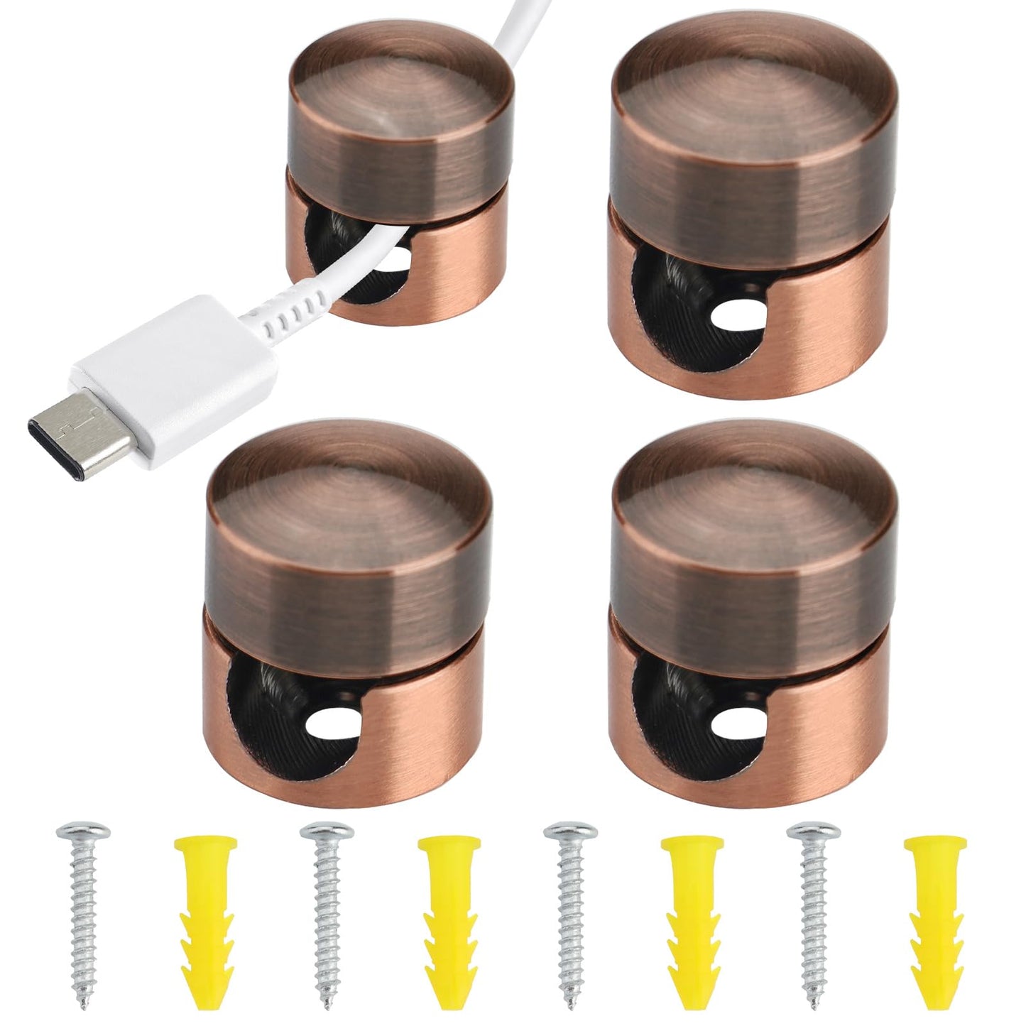 Roucerlin 4 Pieces Aluminum Charger Cord Holder, Screw-on Charging Cable Clips, Metal Cable Anchor Charge Cord Clips Wire Organizer Management for Desk Nightstand Home Wall（Red Antique Copper