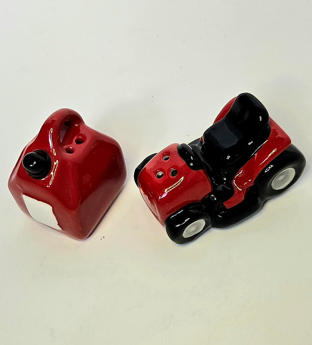 Red Riding Lawn Mower & Red Gas Can Mini Ceramic Salt & Pepper Shaker Set, 2.5 x 1.5 x 1.5 inches