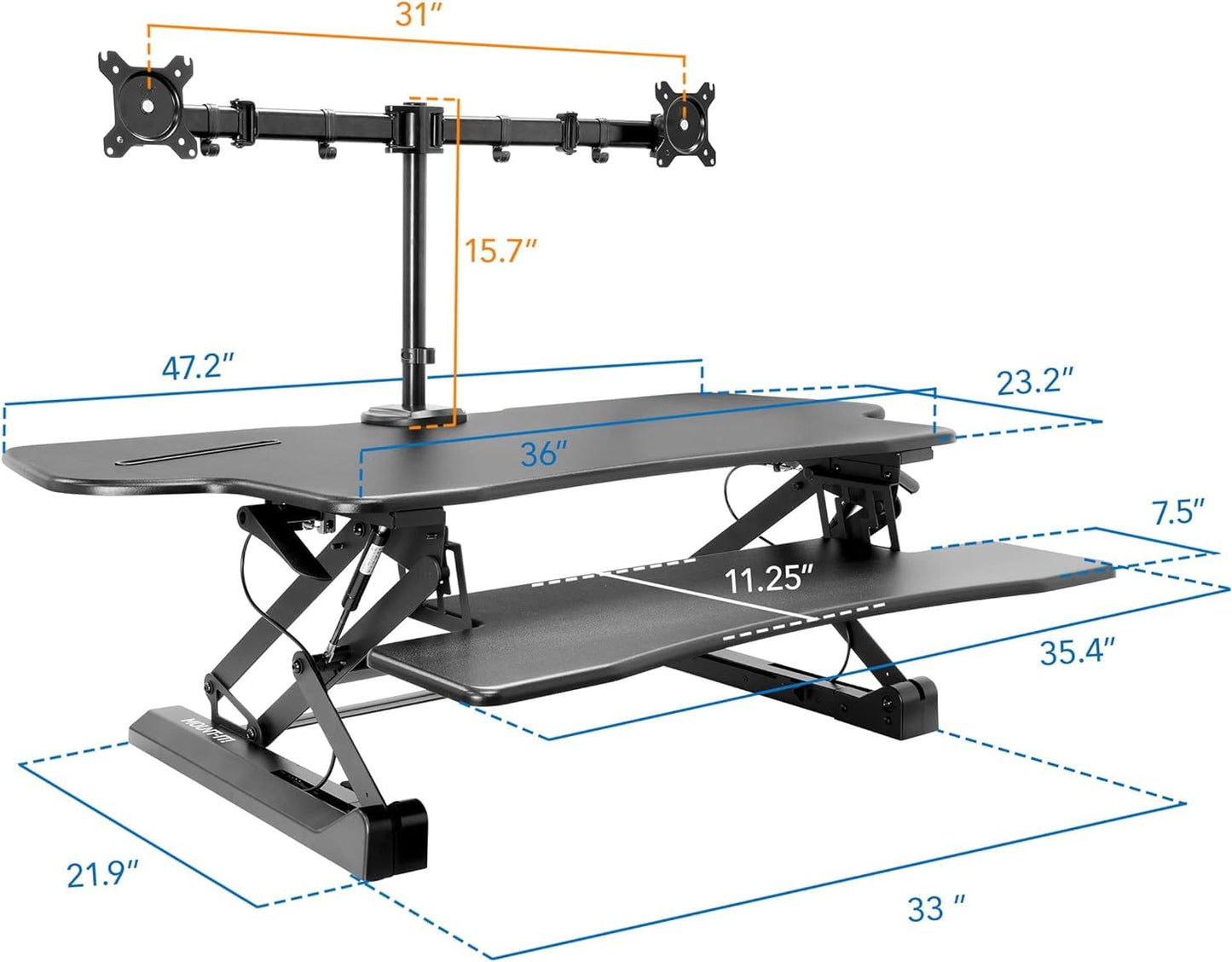 Mount-It! Standing Desk Converter Height Adjustable 47" Extra Large Wide Stand Up Desk Riser, Dual Monitor Arm Mounts, Stand Up Desk Convertor with Keyboard Tray, Fits Two Monitors up to 32"