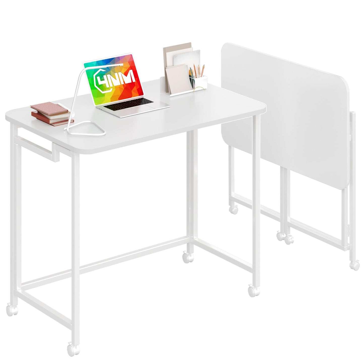 4NM 27.5" Mobile Small Rolling Computer Desk, Folding Laptop Cart Table with Wheels, Portable Office Desk for Small Space Couch Bed - All White