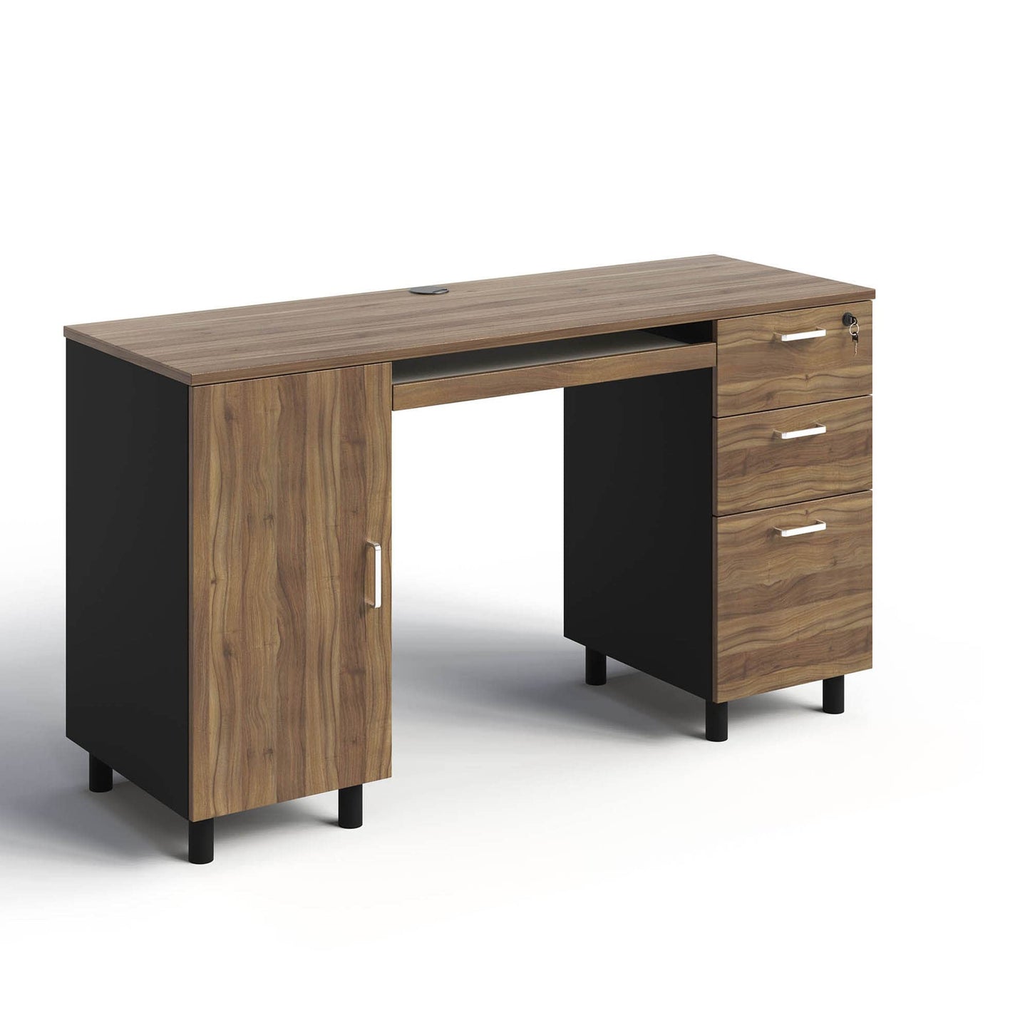 Modern Design Venice Computer Desk with Lockable Drawers, 53 Inch Home Office Desk with Storage Cabinet, Keyboard Tray & Cable Management, Modern Study Writing Desk for Small Spaces, Walnut and Black