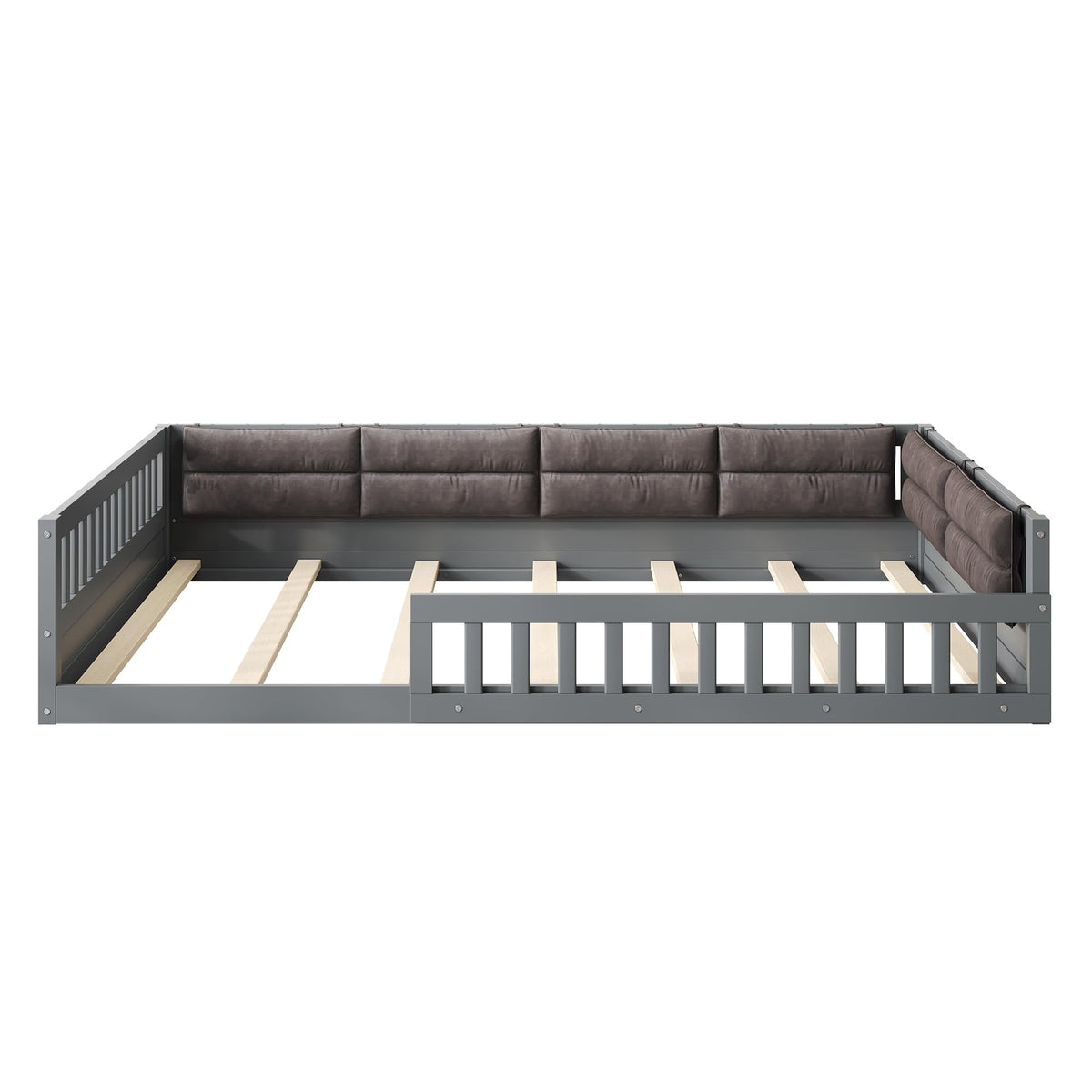 Merax Full Size Upholstered Platform Bed with Guardrail & Pillow, Solid Pine Wood Bed Frame, No Box Spring Needed, 600 lbs Capacity Safety Guaranteed Easy to Assemble for Bedroom, Gray
