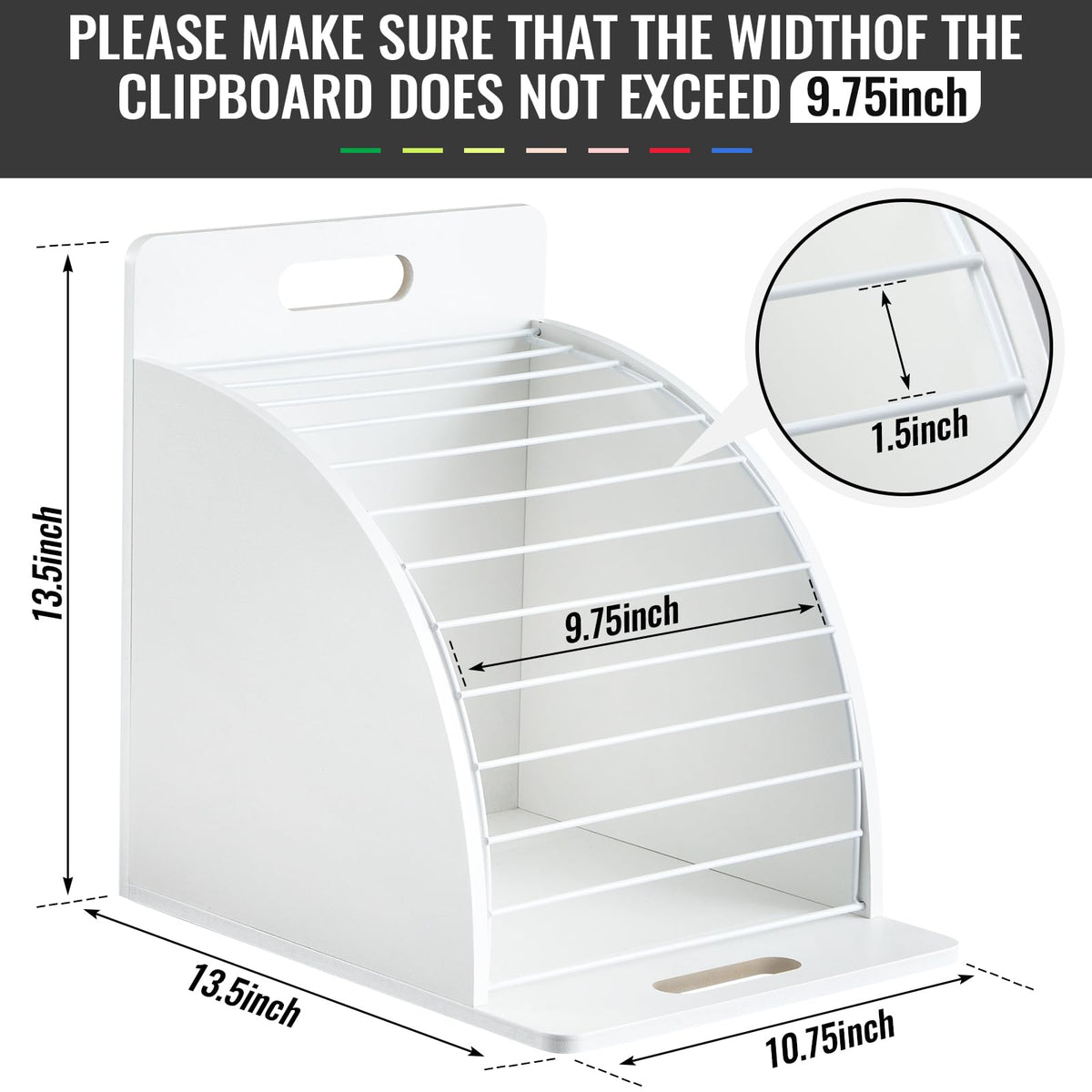Wonderjune 1 Pcs Clipboard Holder Wooden Metal Clipboards Storage Rack with Raised Side Panel Clipboard Organization and Storage for Classroom Office School Teacher, White, Clip Boards Not Included