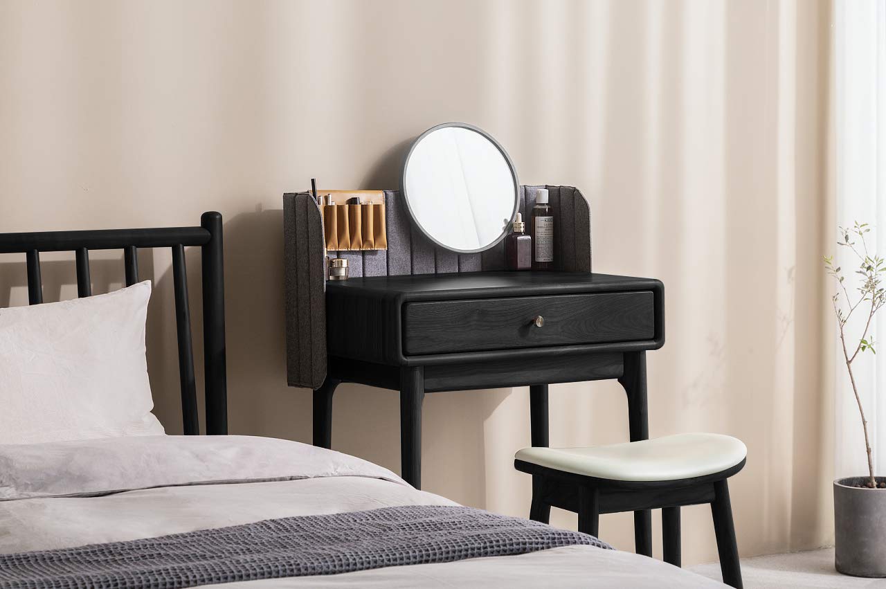 URFORESTIC Oak Wood Vanity Stool, Modern Makeup Dressing Stool with Concave Seat Surface,Capacity 300lb, Easy Assembly (Black)