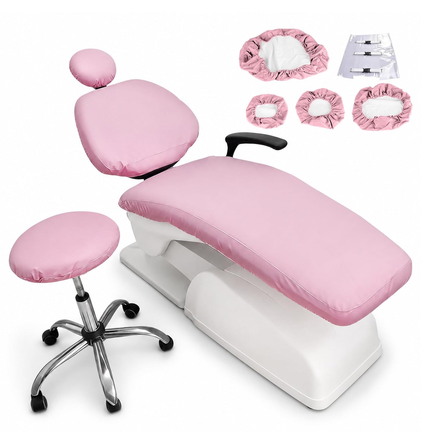 buyzg 5Pcs Dental Chair Covers Set - Waterproof & Non-Slip PU Leather Elastic Full Covers with Foot, Seat, Headrest & Backrest Protectors for Dental Clinic Chairs(Pink)