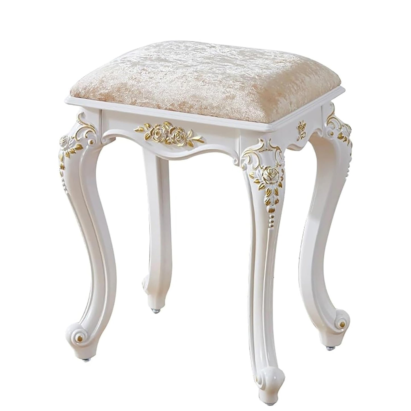 Lebolna Vintage Vanity Stool & Chair, Round & Rectangular Makeup Stool, Cute Ottoman Bench Seat, Victorian Style, Golden Velvet, 17 Inch Sitting Height