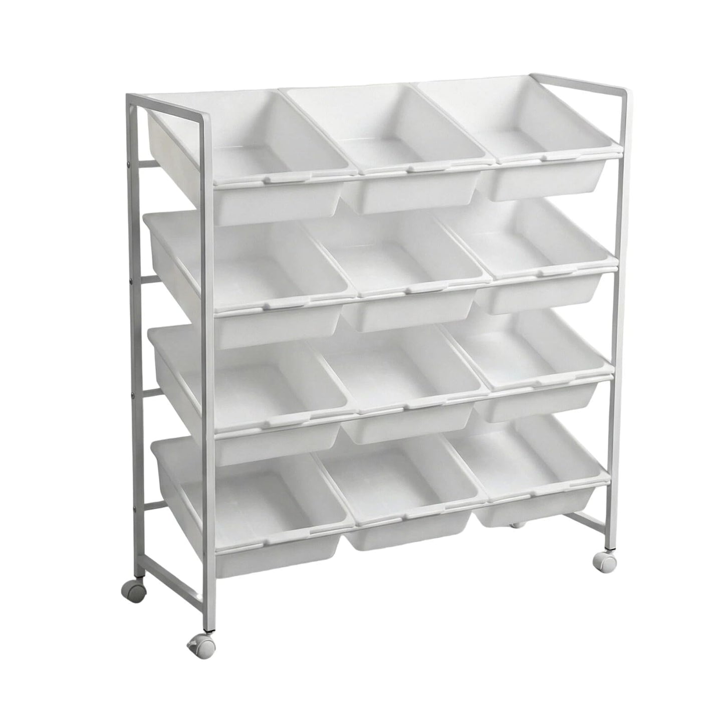 PureBox 4-Tier 3-Row Kids Toy Storage Organizer with 12 Rolling Plastic Bins, Mobile Utility Cart Bookshelf Cabinet for Playroom, Bedroom, and Classroom, Easy-Glide Bins for Quick Cleanup