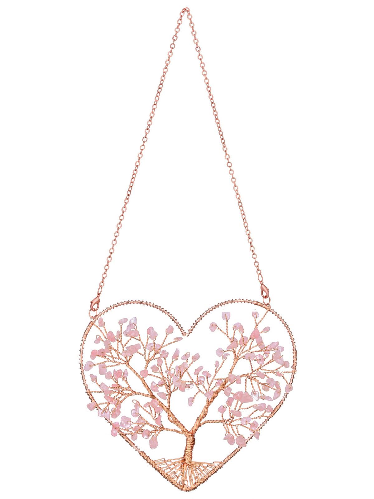 CrystalTears Rose Quartz Crystal Tree Life Heart Hanging Ornament for Home Wall Window Room Decor, Healing Crystals Gemstone Wall Hanger, Positive Crystal Gifts for Women Mom Birthday Christmas