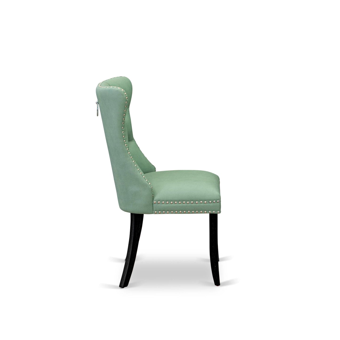East West Furniture DAP6F22 Dallas Parson Dining Room Chairs - Button Tufted Nailhead Willow Green Polyester Fabric Padded Chairs, Set of 2, Wirebrushed Black