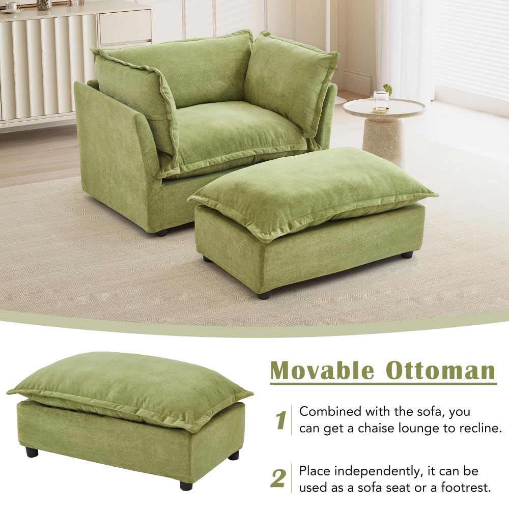 Asmeten Modern Armchair Sofa 47" Cozy Upholstered Sofa Chair with Movable Ottoman, Wide Seat, Curved Armrests and Soft Pillows for Living Room, Bedroom,Green (Green + Chenille + 2 Seat + Foam)