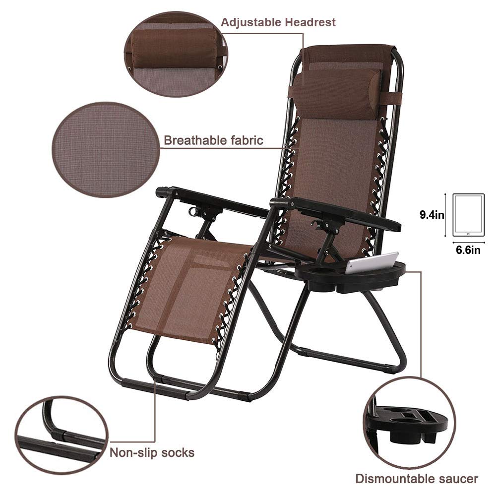 Zero Gravity Chairs Set of 2 with Pillow and Cup Holder Patio Outdoor Adjustable Dining Reclining Folding Chairs for Deck Patio Beach Yard (Brown)