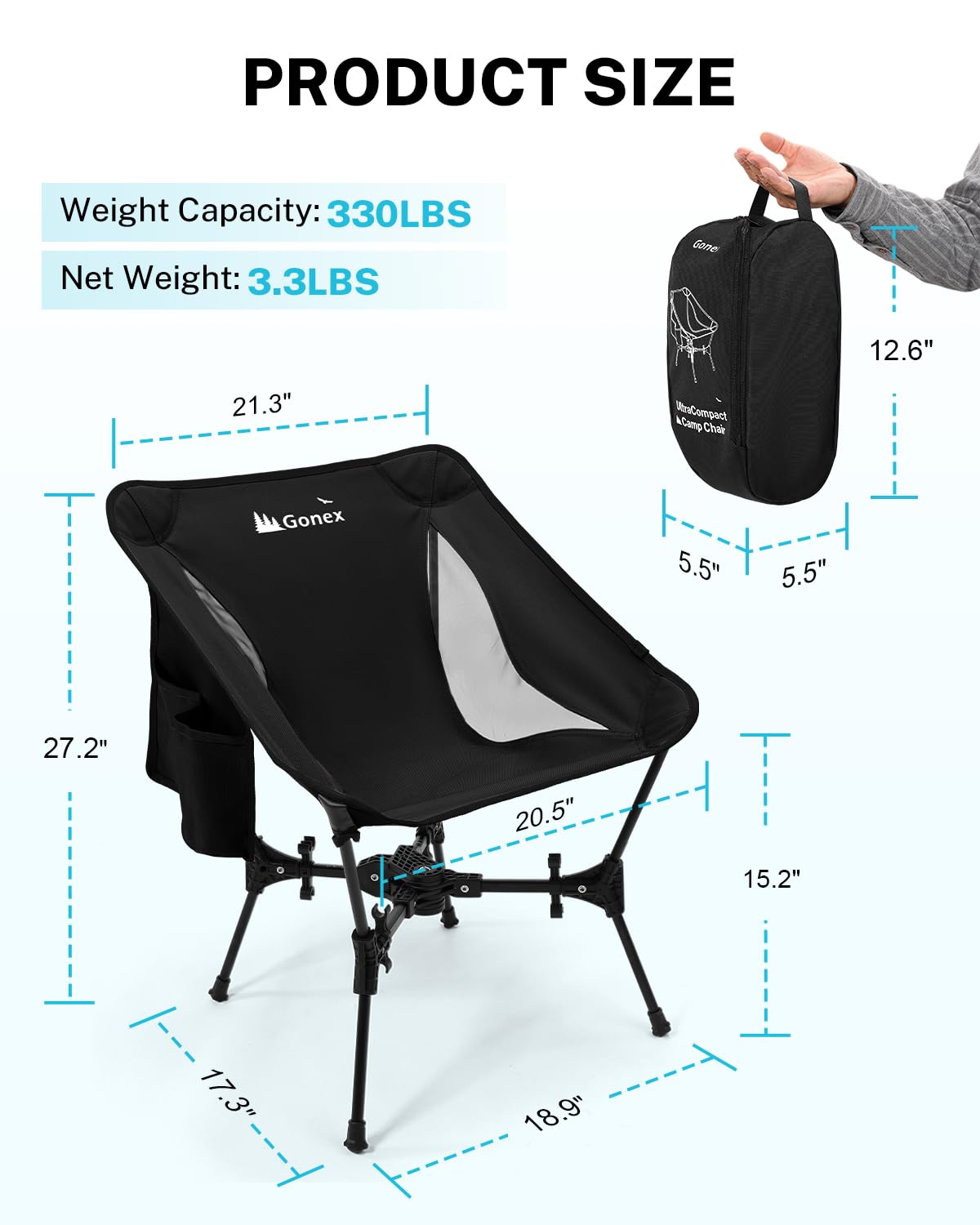 Gonex Portable Camping Chair, The 5th Gen Ultralight Compact Backpacking Foldable Lightweight Folding Chair for Outdoor Camp Hiking Beach Picnic Concert, Supports 330lbs (Black, 2 PCS)