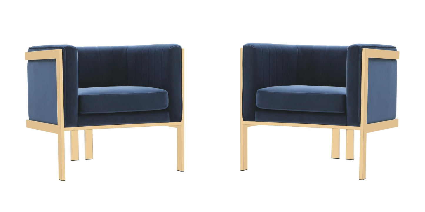 Manhattan Comfort Paramount Velvet Accent Armchair Set of 2, Polished Brass Frame with Geometric Legs, Art Deco Chair, 1920s Glamour, Fully Assembled, Living Room Lounge Seat, Royal Blue